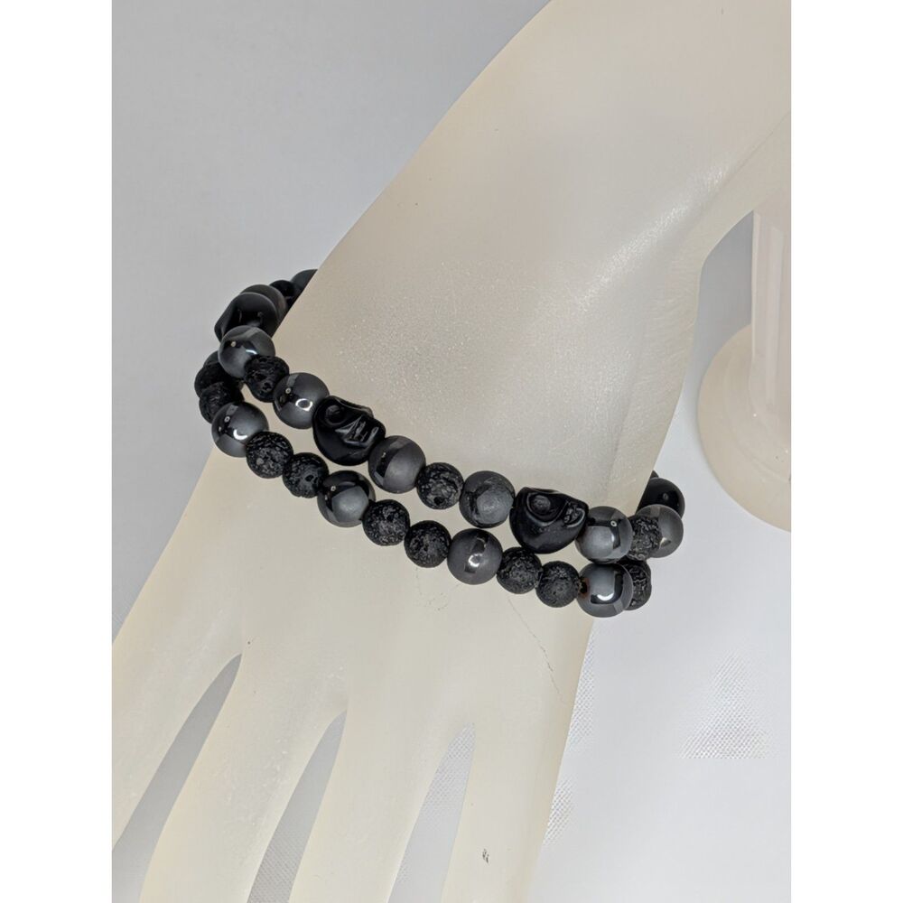 Black Lava Stone, Skull, & Hematite Stretch Bracelets
